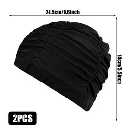 2 PCS Black Pleated Swimming Cap,Nylon Cloth Swimming Cap Extra Large Swim Caps Elastic Comfort Swim Hats for Women Very Long Thick Hair Keep Hairstyle