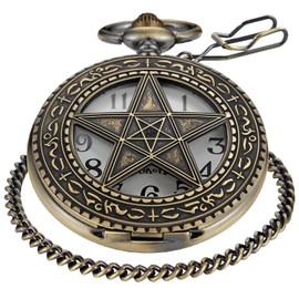 Tiong Bronze Hollow Pentagram Patterned Quartz Pocket Watch,Arabic Numeral Dial Men's Pocket Watch with Chain