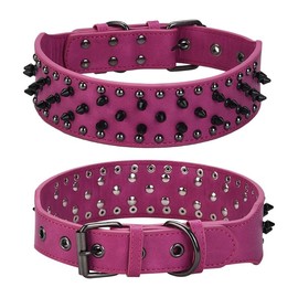 haoyueer Spiked Studded Leather Dog Collar, 2 Inch Width, Fits Medium & Large Dogs Like Pitbull, Mastiff, Labrador, Boxer, Rottweiler, German Shepherd (Hot Pink, S (17.3-20.5inch))
