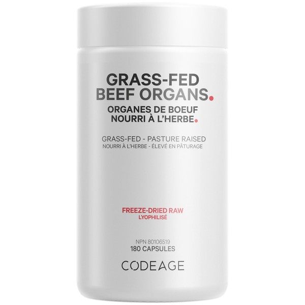 Codeage Grass Fed Beef Organs Supplement – Glandular Supplements - Freeze Dried, Non-Defatted, Desiccated Liver, Heart, Kidney, Pancreas & Spleen Bovine Pills – Beef Vitamins - Non-GMO -180 Capsules