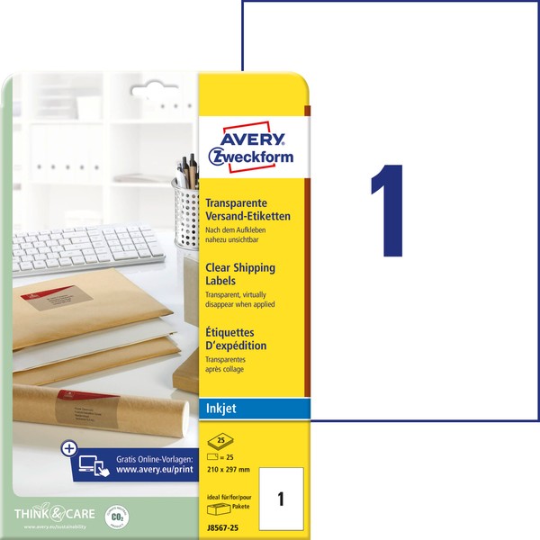 AVERY Zweckform J8567-25 Versandetiketten/Versandaufkleber (25 Etiketten, 210x297mm auf A4, bedruckbar,