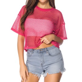CLOZOZ Women's Mesh Cover Up See Through Fishnet T-Shirt Crop Top (XX-Large, Rose red)