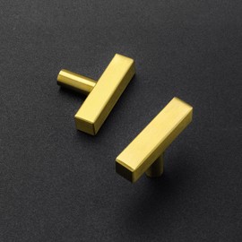 Ravinte 1 Piece Gold T Bar Cabinet Knobs 2 Inch Square Cabinet Pulls Brushed Brass Single Hole Kitchen Cabinet Handles