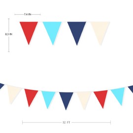 32Ft Red Blue Beige Pennant Banner Flag Triangle Fabric Bunting Garland for Birthday Baby Shower Wedding Graduation Nautical Ahoy Achor Pirate Theme Party Decorations Home Nursery Classroom Decor