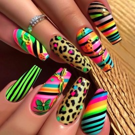 24Pcs Leopard Press on Nails Long Coffin Fake Nails with Colored Stripes Design Tropical Acrylic Press on Nails Summer Glue on Nails Artificial False Nails Full Cover Stick on Nails for Women