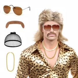 oeeo Mullet Wig Set, 80s 90s Outfit Accessories Men, Blonde Wigs Wig Sunglasses Necklace, Cosplay Halloween Costume Party Costumes