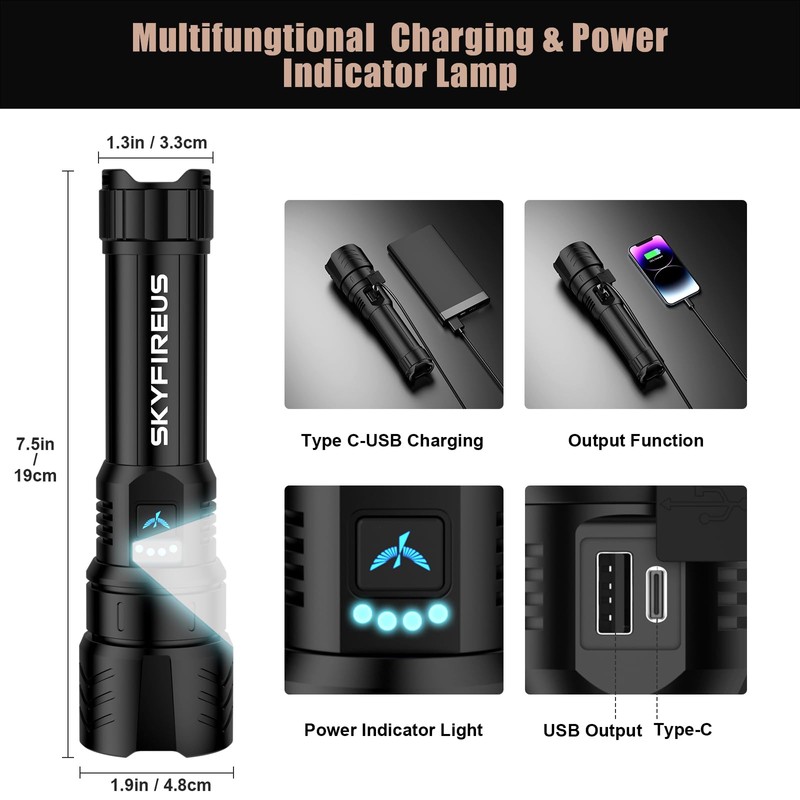 SKYFIRE Rechargeable Flashlights High Lumens,5000mAh Super Bright Flashlight Waterproof Powerful
