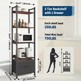 Whitmor 5-Tier Bookshelf with Drawer, Modern Display Bookcase with Wood Shelves & Metal Frame, Narrow Standing Storage Organizer for Living Room, Bedroom, Home Office, Black