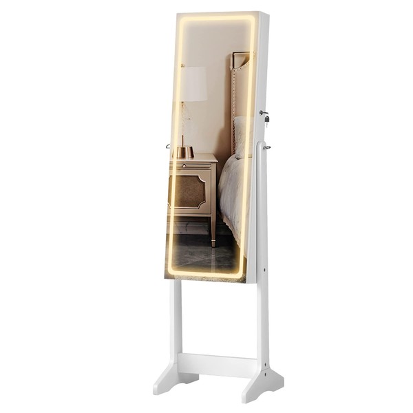 SONGMICS LED Mirror Jewelry Cabinet, Adjustable Brightness and 3 Shades of Light, Standing Jewelry Armoire with Full-Length Mirror, Jewelry Organizer with Built-in Mirror and Lights, Christmas Gifts