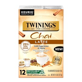Twinings Chai Latte Tea K-Cup Pod for Keurig, Creamy, Slightly Sweet, Less Sugar, Caffeinated, 12 Count
