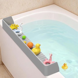 AyNirser Bathtub Splash Guard Play Shelf Over Tub 31” with 11 Strong Suction Cups, Silicone Tub Water Guards Toy Tray Holder No Mess Water Spill in Bathroom - Grey