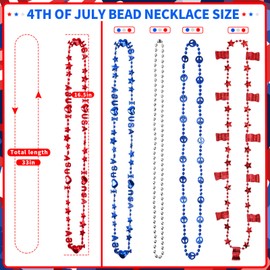 NOVWANG 24 Pcs 4th of July Bead Necklace 4 Classic Styles Metallic Red White and Blue Beads Necklace for Independence Day（3 Color）