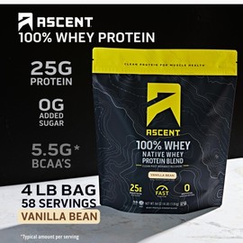 Ascent 100% Whey, Native Whey Protein Blend - Clean Post Workout Recovery, Digesting, Zero Artificial Flavors & Sweeteners, Gluten Free, 5.5g BCAA, 2.6g Leucine, Vanilla Bean 4 lb.