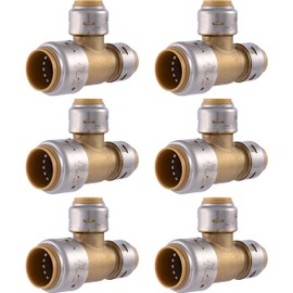SharkBite Max 3/4 Inch x 1/2 Inch x 1/2 Inch Reducing Slip Tee, Pack of 6, Push To Connect Brass Plumbing Fitting, PEX Pipe, Copper, CPVC, PE-RT, HDPE, UR454