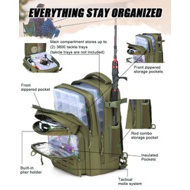 BlesMaller 2 in 1 Fishing Backpack with Rod Holder Fishing Bag 25L Tactical Fishing Shoulder Bag Military Backpack for Fishing Hiking, Green, Tactical