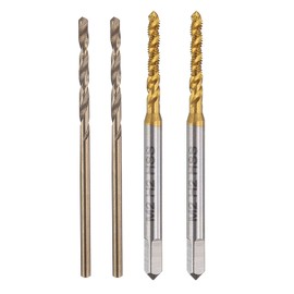 sourcing map Tap and Drill Bit Set, 2pcs M2 x 0.4 Metric Spiral Flute Thread Screw Taps & 2pcs 1.6mm Twist Drill Bits, Titanium Coated/Roasted Yellow HSS-6542/M35 HSS-CO Tapping Threading Tool