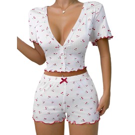 Hilinker Womens Cherry Pajama Set Ribbed V Neck Short Sleeves Tops and Shorts Summer Cute Pjs White Cherry Small