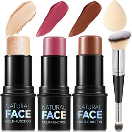 Kit de maquillaje en barra de contorno en crema de 3 piezas, tonos con barra iluminadora, barra de rubor y barra de contorno bronceador para esculpir 