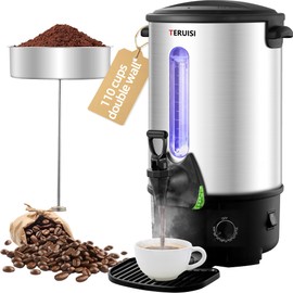 TERUISI Commercial Coffee Urn, 110 Cup 1300W Hot Water Urn, 16L Large Coffee Maker, Dual Wall Stainless Steel Pot Hot Beverage Dispenser with Filter Basket & Temp Control for Catering, Business, Party