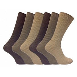 6 Pack Mens Thin Soft 100% Cotton Rich Breathable Coloured Ribbed Dress Socks (6-11 UK, SE002 Brown)