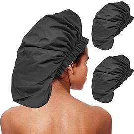 REROON 2 Packs Large Waterproof Shower Cap for Long Hair, Reusable Jumbo Shower Bonnets, Shower Head Cover for Locs, Curly, Baids & Wigs, XL Size Hair Cap for Spa Home Salon Use (Black)