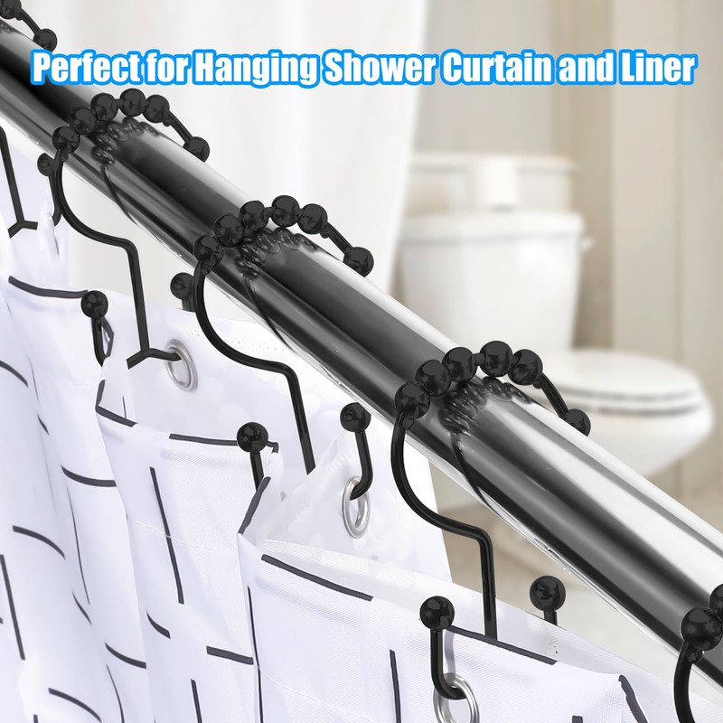 Shower Curtain Hooks,Double Sided Black Shower Curtain Hooks Rust Proof,Set