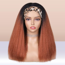 WIGNEE Kinky Straight Headband Wig for Women 18 Inches Yaki Straight Wigs with Black Headband Kinky Straight Wigs for Black Women (1B/350#, 18 Inch)