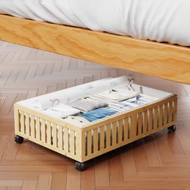 Landmok Bamboo Under Bed Storage Containers with Wheels, 40L UnderBed Drawers with Dust Bag, Breathable Under Bed Shoe Storage, Rolling UnderBed Clothes Storage, 1Pack