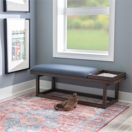 Linon Nate Wood Navy Upholstered Bench with Removable Storage Tray in Dark Brown