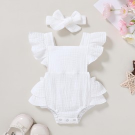 YOUNGER TREE Toddler Baby Girl Ruffled Sleeveless Romper Casual Summer Jumpsuit Cotton Linen Clothes (Ruffle Romper White, 3-6 Months)