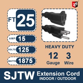 EP 25 Ft Outdoor Extension Cord - 12/3 SJTW Heavy Duty Black Extension Cable with 3 Prong Grounded Plug - Power Cord for Lawn, Garden, Appliances