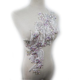 Hand-Made Beaded Rhinestons DIY Clothing Appliques Patch,Beaded Applique for Wedding Dress Decoration,Rose Gold/Pink/Silver/Red/Black Flower Applique by Pair (Multicolor-B)