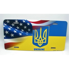 DIGIART INTERNATIONAL UKRAINE UKRAINIAN FLAG AMERICAN FLAG METAL CAR NOVELTY LICENSE PLATE TRYZUB