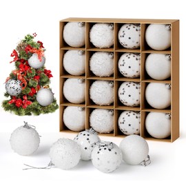 16pcs Christmas Ball Ornaments Set,White Glitter Sequin Foam Ornaments Hanging Decorations for Xmas Tree，Wedding，Home Indoor Outdoor Tabletop Party (White,2.36Inch)