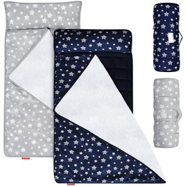 Toddler Nap Mat 2 Pack, Nap Mat for Kids Preschool, Daycare with Pillow and Fleece Minky Blanket, Lightweight, Soft, Gray and Navy