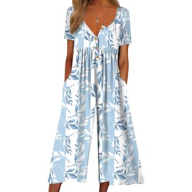 LOZ Women's Blue Leaf Print V-Neck Jumpsuits 2025 Summer Casual Half Sleeve Wide Leg Pants Rompers Beach Wear