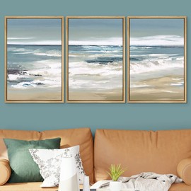 SIGNWIN Framed Canvas Print Wall Art Set Teal Sky Ocean Wave Beach Shore Nature Wilderness Illustrations Modern Art Decorative Scenic Rustic Zen for Living Room, Bedroom, Office - 24"x36"x3 Natural