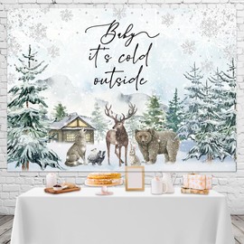 Mocsicka Baby It's Cold Outside Backdrop Winter Boy Baby Shower Background Green Mountain Pine Trees Snowflake Woodland Animals Baby Shower Party Decorations Photo Booth Props (Baby Shower, 7x5ft)
