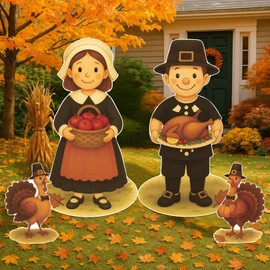 DoubleFill 4 Pcs Thanksgiving Pilgrim Boy and Girl Yard Sign Fall Turkey Lawn Stakes Happy Thanksgiving Decoration Outdoor Harvest Party Supplies