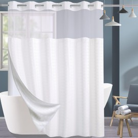 Conbo Mio Hotel Style Fabric Shower Curtain Set with Snap in Liner 108" x 74" for Bathroom with See Through Window, Spa, Machine Washable Shower Curtain (Grid-White,108"(W) x 74"(H))