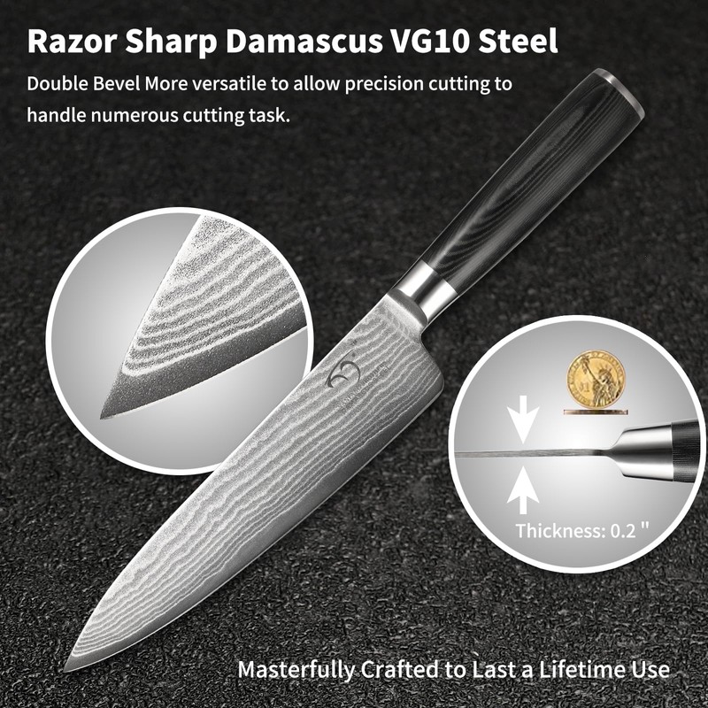 Damascus Chef Knife 8 Inch, Professional Kitchen Knife Forged with