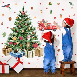 Large Christmas Tree Wall Decals Merry Christmas Wall Stickers Christmas Truck Wall Decals Peel and Stick,Watercolor Pine Tree Stickers for Window Decor Living Room Kids Room Gift Xmas Party Supplies