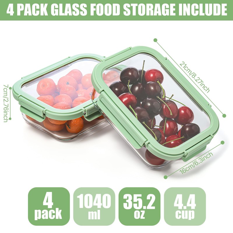 cedarol 4 Pack Borosilicate Glass Meal Prep Containers, Glass Food