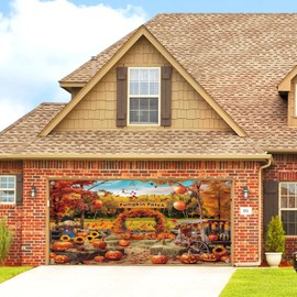 7X16ft Fall Autumn Hallowmas Garage Door Background Pumpkin Harvest Fence Sunflower Maple Leaves Decorations Backdrop Haystack Leaves Baby Shower Indoor Outdoor Decor Banner Cover