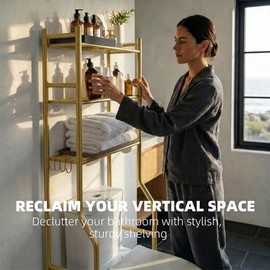 GloTika 3-Tier Over Toilet Storage with Anti-Tilt Safety System - 150lb Total Capacity Metal Bathroom Shelves Including Paper Holder & 4 Hooks, Space Saving Above Commode Organizer (64" H, Gold)