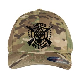United We Stand, American Warrior Skull Custom Embroidered American Flag 6277 Flex Fitted Hat (S/M, Multicam)