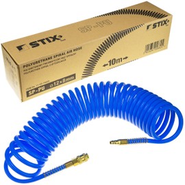 Compressed Air Spiral Hose SP-PU 10 m, Compressed Air Hose 8/12 mm Made of PU, Max. Pressure 10 Bar, with Kink Protection and Quick Coupling, Suitable for Pneumatic Tools
