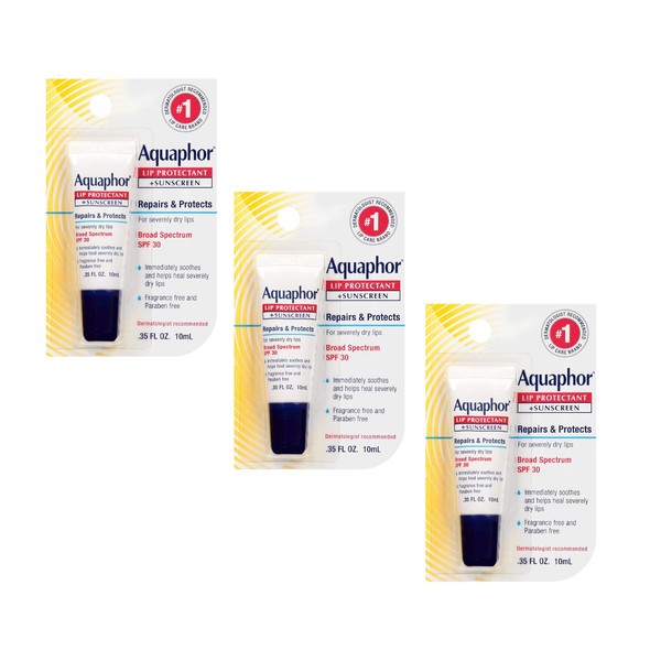 Aquaphor Lip Repair + Protect Lip Balm Sunscreen UVA/UVB SPF30, 0.35 oz (Pack of 3)