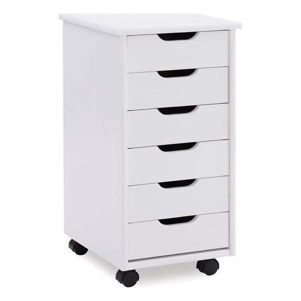 Linon Callie Multipurpose Six Drawer Wide Wood Rolling Storage Cart with Casters in White Wash