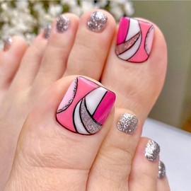 Artificial Acrylic Fake Nails for Toe, Press on Toenails Coffin with Silver Glitter Designs, Full Cover Reusable False Toenails with Glue, Glue on Toe nails with Charm for Women Girls（JP1632）